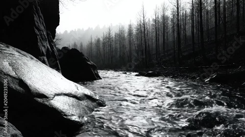 Black and white view of a fast flowing river in a moody forest with a rocky landscape