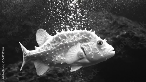 Black and white underwater cinematic shot of a spiky fish swimming in an aquarium with bubbles