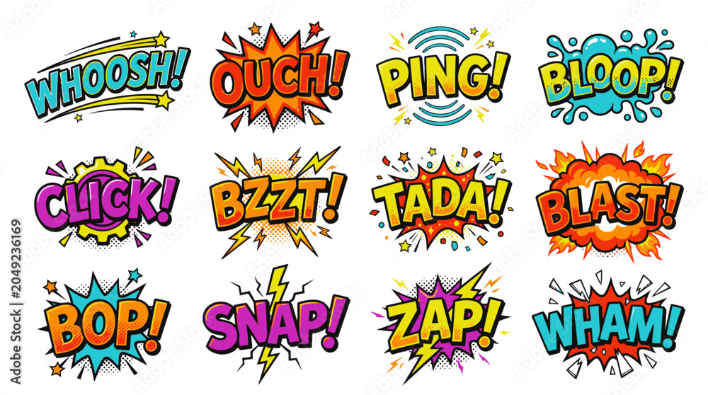 Fototapeta premium Action comic book sound effects including Wham and Blast.
