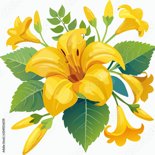 Yellow lily flowers and buds with leaves