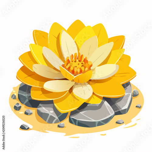 Yellow lotus flower on sand with stones