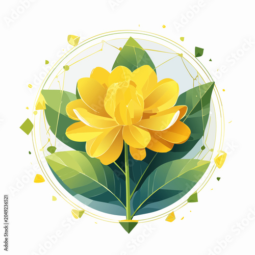 Yellow lotus flower with green leaves and gold circle