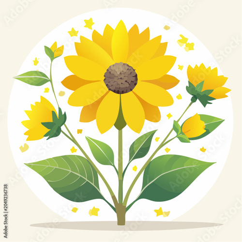 Yellow sunflower bloom with green leaves