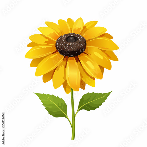 Yellow sunflower with green leaves on transparent background