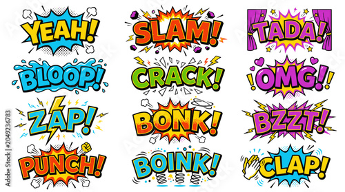 Action-packed comic sound bubbles with punch and zap stickers.