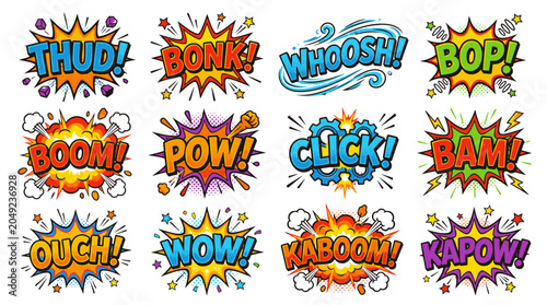Action-packed comic sound effect stickers like thud and kaboom.
