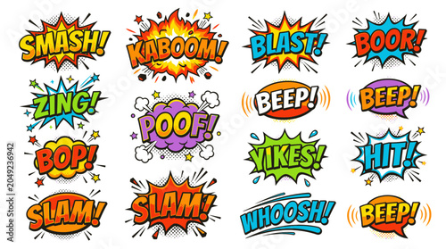 Action packed comic sound effect stickers with vibrant colors.