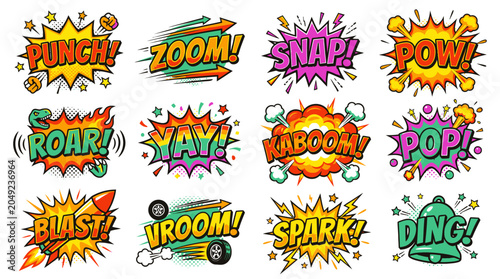 Action-packed comic sound stickers featuring punch and zoom effects.