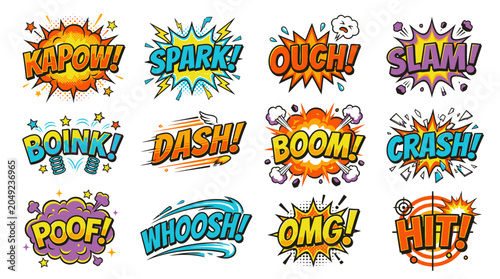 Action packed comic speech bubbles with boom and crash.