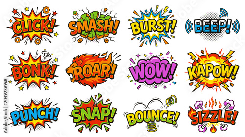 Action packed comic speech bubbles with vibrant sound effects.