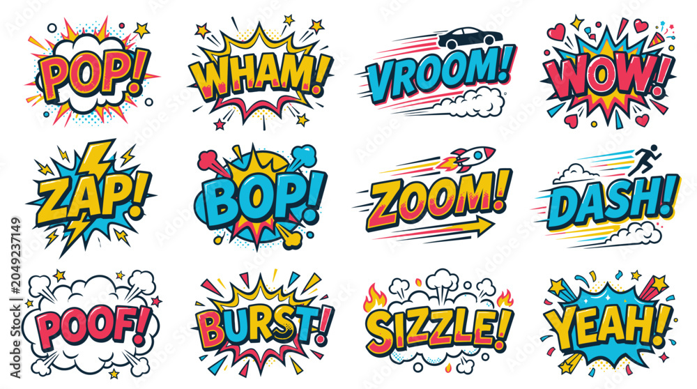 Naklejka premium Action-packed comic book sound effects in vibrant pop art style.