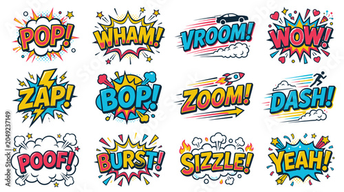 Action-packed comic book sound effects in vibrant pop art style.