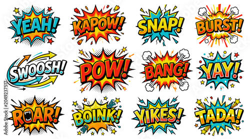 Action packed comic sound bubbles including roar snap and burst.