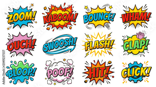 Assorted colorful comic book sound effect labels for design.