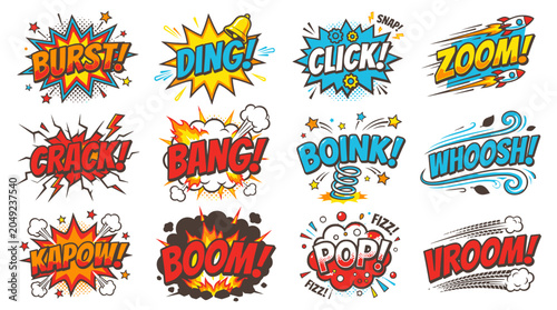 Action packed comic sound bubbles with Kapow and Boom.