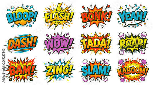 Assorted colorful comic sound effect bubbles with action words