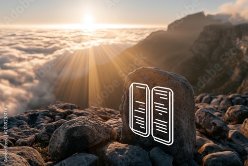 A stunning mountain summit above the clouds at sunrise, featuring dramatic light rays illuminating the rocky landscape
