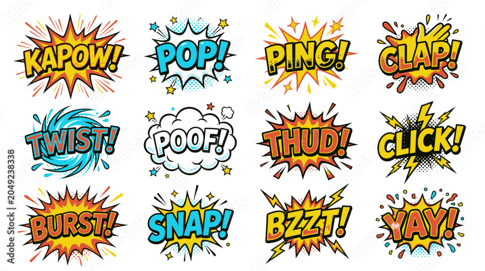 Obraz premium Bright yellow comic sound effect icons set on white.
