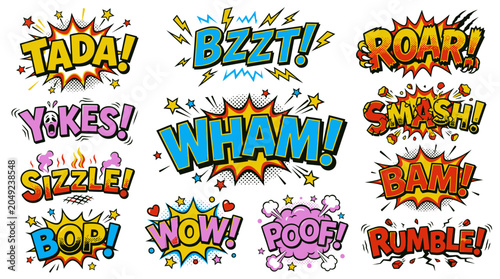 Bright comic onomatopoeia bubbles for action-packed storytelling.