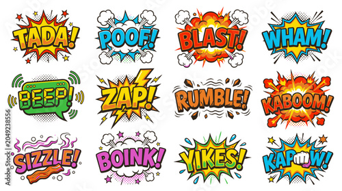 Bright comic onomatopoeia set with Kapow and Sizzle graphics.