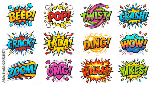 Bright comic pop art bubbles with wow and boom.