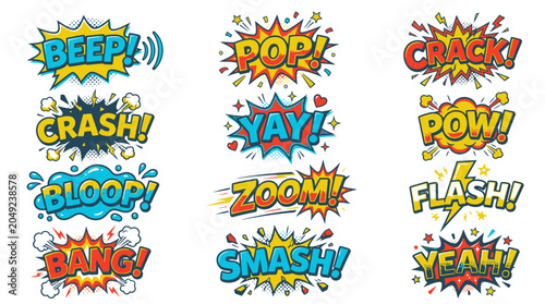 Bright comic onomatopoeia stickers with action sound effects collection.