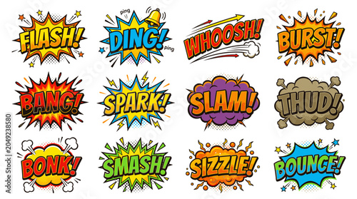 Bright comic sound effects collection with flash and whoosh.