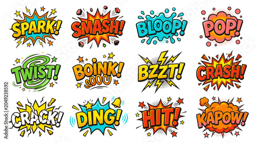 Bright comic style sound effects and action bubbles set.