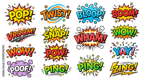 Brightly colored cartoon sound effect bubbles and action words.