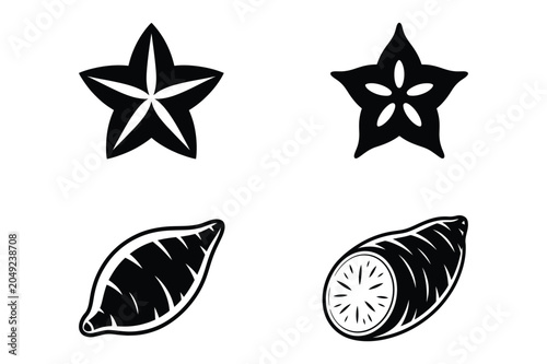 Tableau sur toile Black and white vector icon set of carambola starfruit and sweet potato silhouet