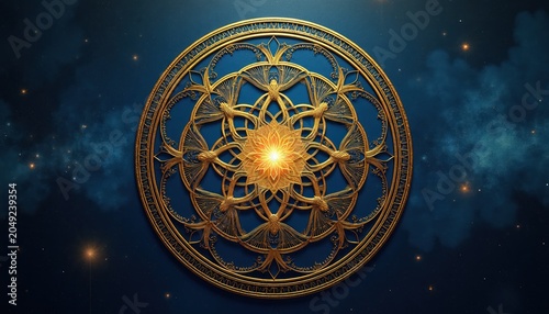 Gold ornate mandala with glowing center on deep blue starry background. Intricate sacred geometry pattern with floral motif, celestial elements. Cosmic, divine artwork for spiritual mystical themes.
