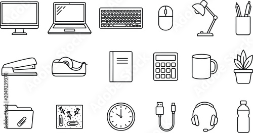 Bild auf Leinwand Set of office supplies and electronic devices outline icons collection