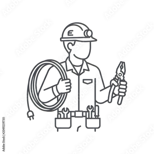Professional electrician holding tools and coiled wire in workshop setting with confident style