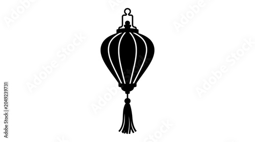 A black silhouette of a traditional Asian lantern with a decorative tassel.