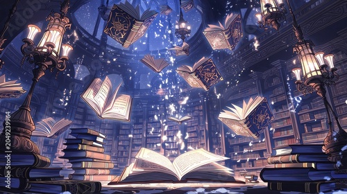 Obraz na płótnie magical library with floating books and glowing lights