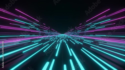 Vibrant neon light trails in purple and blue, speeding through digital space, futuristic background