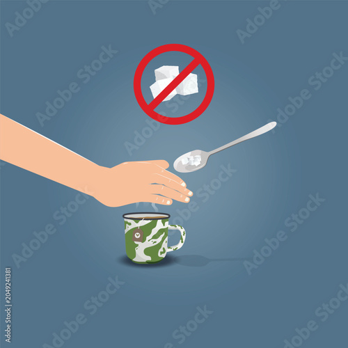 No sugar in tea vector illustration showing a hand stopping sugar cubes from being added to a hot cup of tea