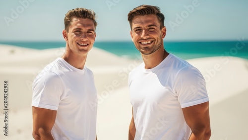 Two handsome young men smiling together on a sunny white sand beach during a summer vacation, captured in a bright and cheerful lifestyle portrait.
