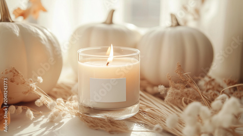 Autumn Candle Mockup with Blank Label, White Pumpkins and Dried Florals