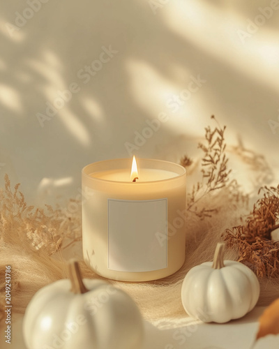 Autumn Candle Mockup with Blank Label, White Pumpkins and Dried Florals