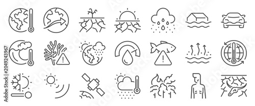 Super El nino icon set. It includes phenomenon, climate change, global warming, extreme weather, and more icons. Editable Vector Stroke.