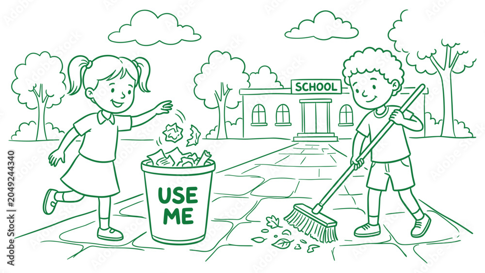 Fototapeta premium School cleaning day coloring illustration with children picking up trash and sweeping yard.