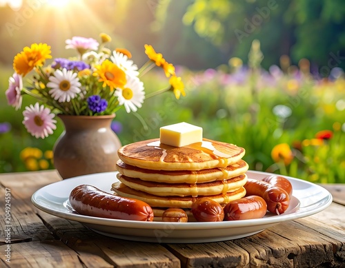 A sunny outdoor breakfast setting with pancakes and sausages