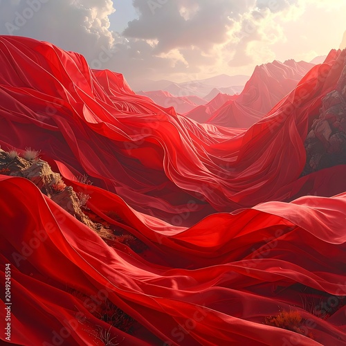 A surreal landscape of flowing red fabric amidst rocky hills