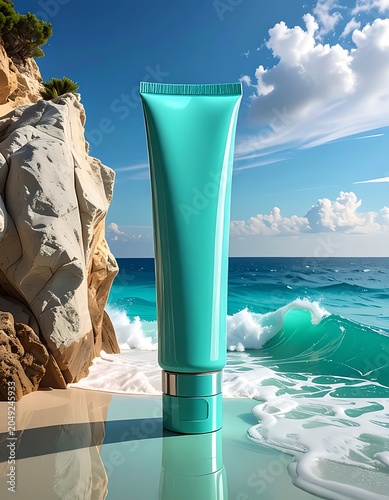 A teal tube on a reflective surface by a cliffside ocean
