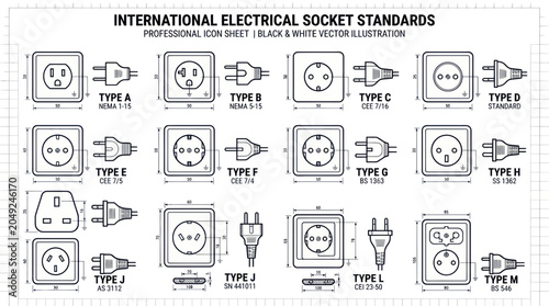 International Electrical Socket Standards: Type A to M Plugs and Sockets Vector Illustration