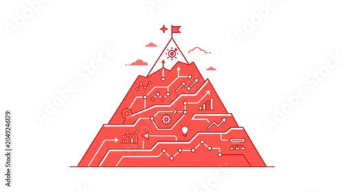 Mountain climb strategy, business success roadmap, goal achievement path, infographic elements