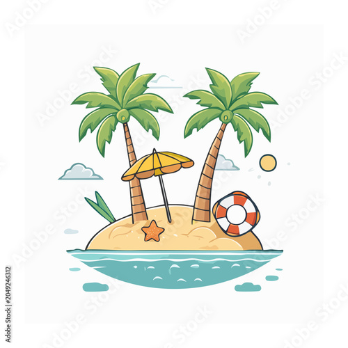 Cartoon tropical island with palm trees and beach umbrella