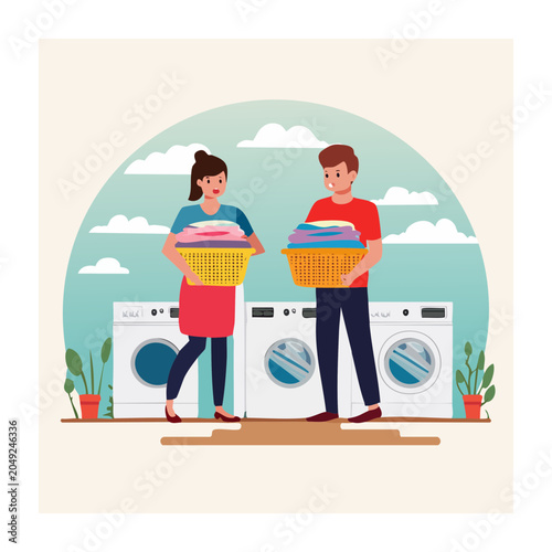 Couple carrying laundry baskets in a laundry room