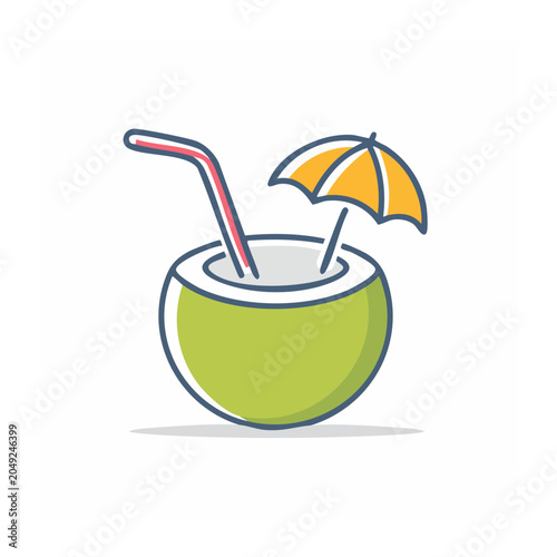 Flat design icon of a coconut drink with straw and umbrella